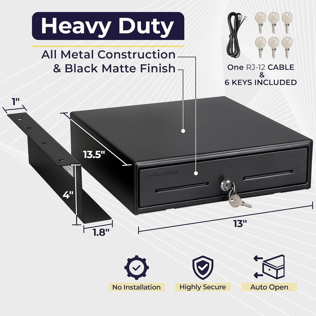 13" Electronic Cash Register Drawer with Under Counter Mounting Metal Bracket - POS, 4 Bill 5 Coin Cash Tray