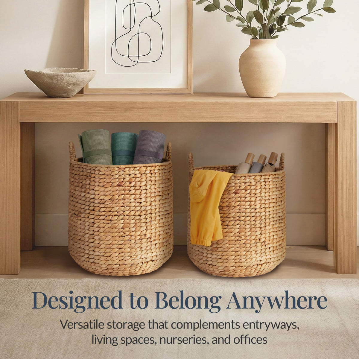 2-Piece Round Nesting Baskets W/Handles, Handwoven Water Hyacinth, Plant Holder, Laundry Basket, Storage Organizer