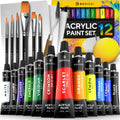 Complete Acrylic Paint Set – 12х Rich Pigment Colors & 6x Art Brushes - Includes 3 Paint Canvases, Palette Knife &