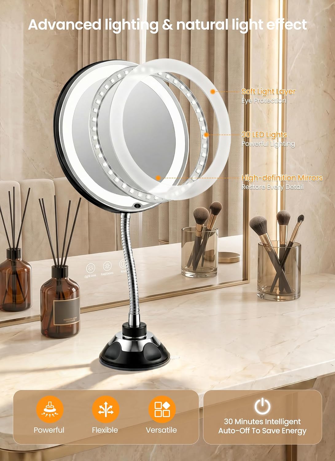 10x Makeup Mirror with Lights, Flexible Magnifying Mirror 3 Light Modes | Wall-Mounted Lighted Vanity Makeup Mirror