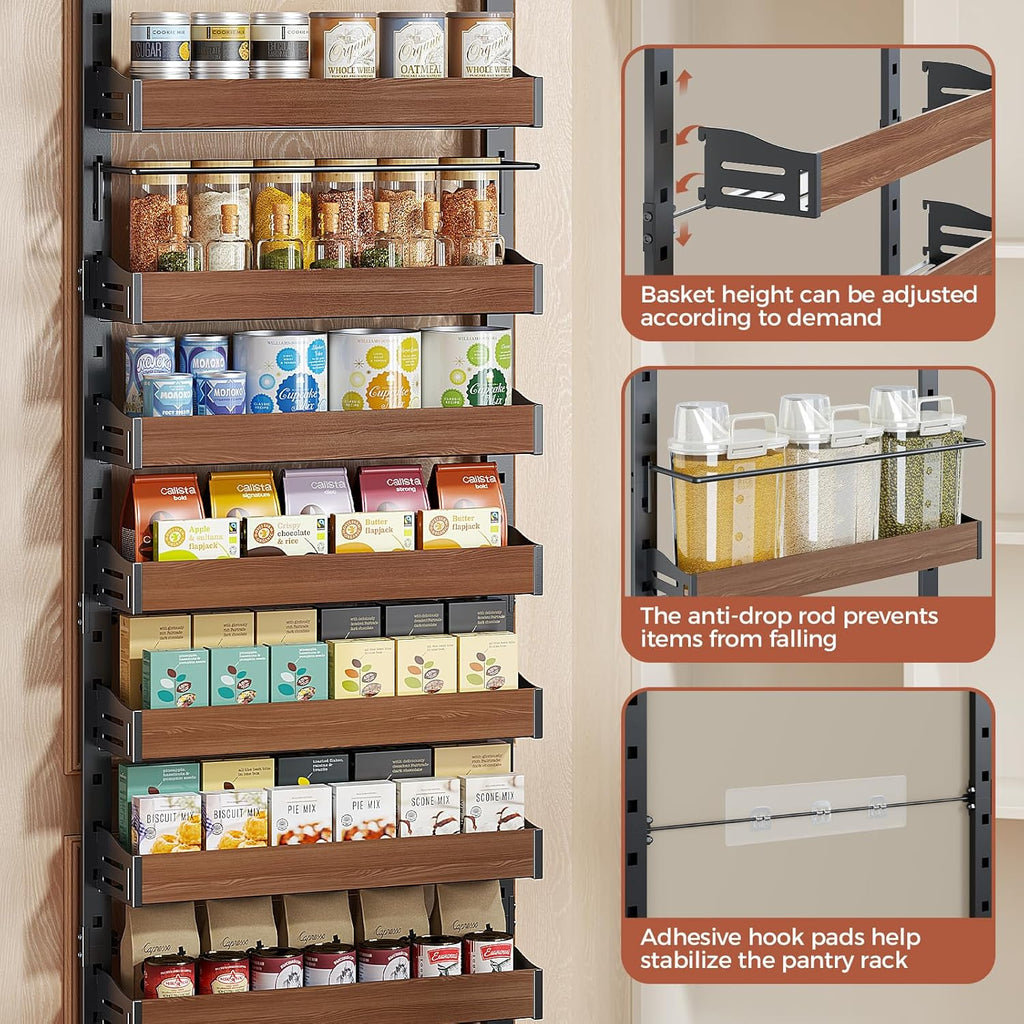 8-Tier Pantry Door Organizer, Over the Door Pantry Organizer with Wooden Adjustable Baskets, 2 IN 1 Spice Rack Wall
