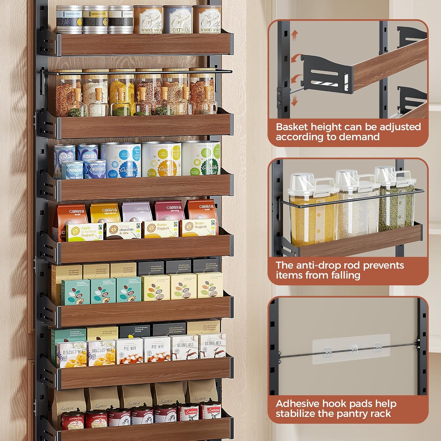 8-Tier Pantry Door Organizer, Over the Door Pantry Organizer with Wooden Adjustable Baskets, 2 IN 1 Spice Rack Wall