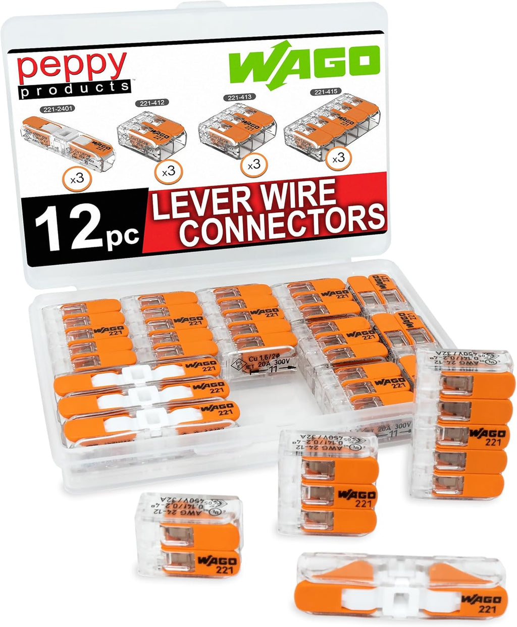 WAGO 221 Lever Nuts 12pc Compact Splicing Wire Connector Assortment with Case | Includes 221-2401, 221-412, 221-413