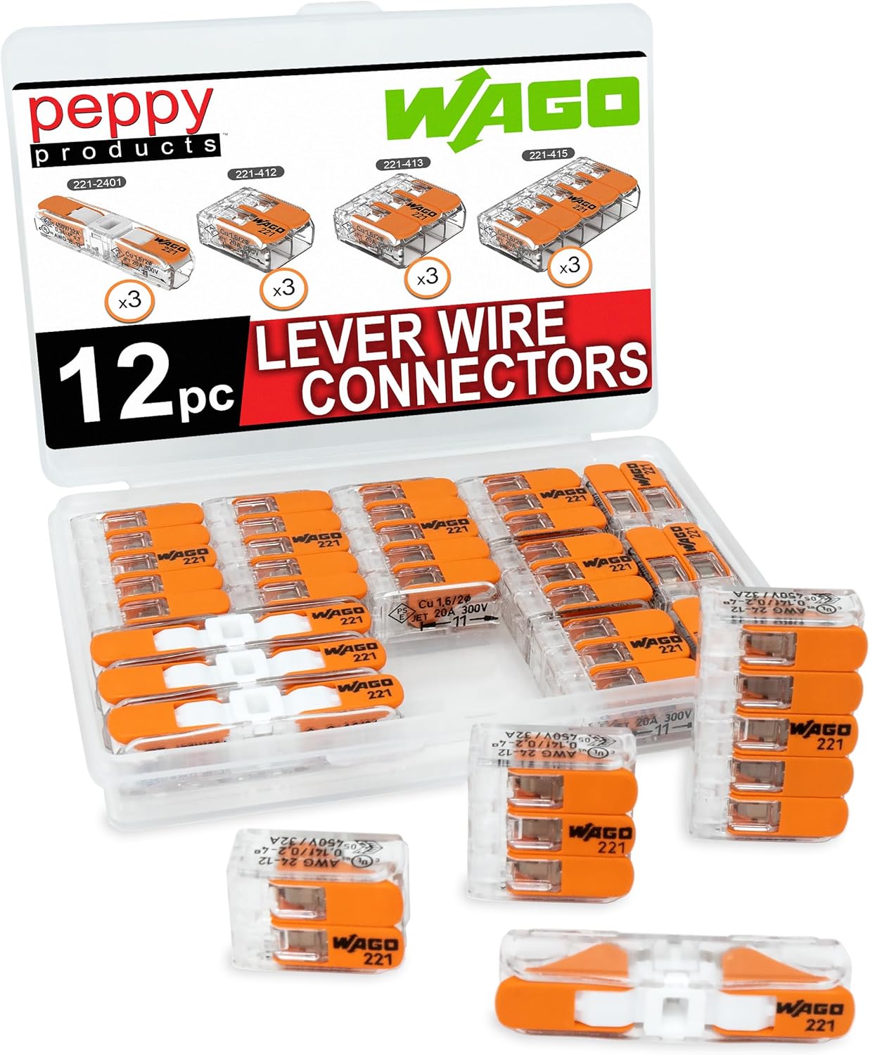 WAGO 221 Lever Nuts 12pc Compact Splicing Wire Connector Assortment with Case | Includes 221-2401, 221-412, 221-413