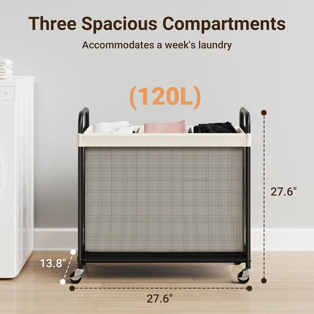 Laundry Hamper 3 Section, 120L Rolling Laundry Sorter with Wheels | Removable Washable Liner Bags, Sturdy Steel Frame