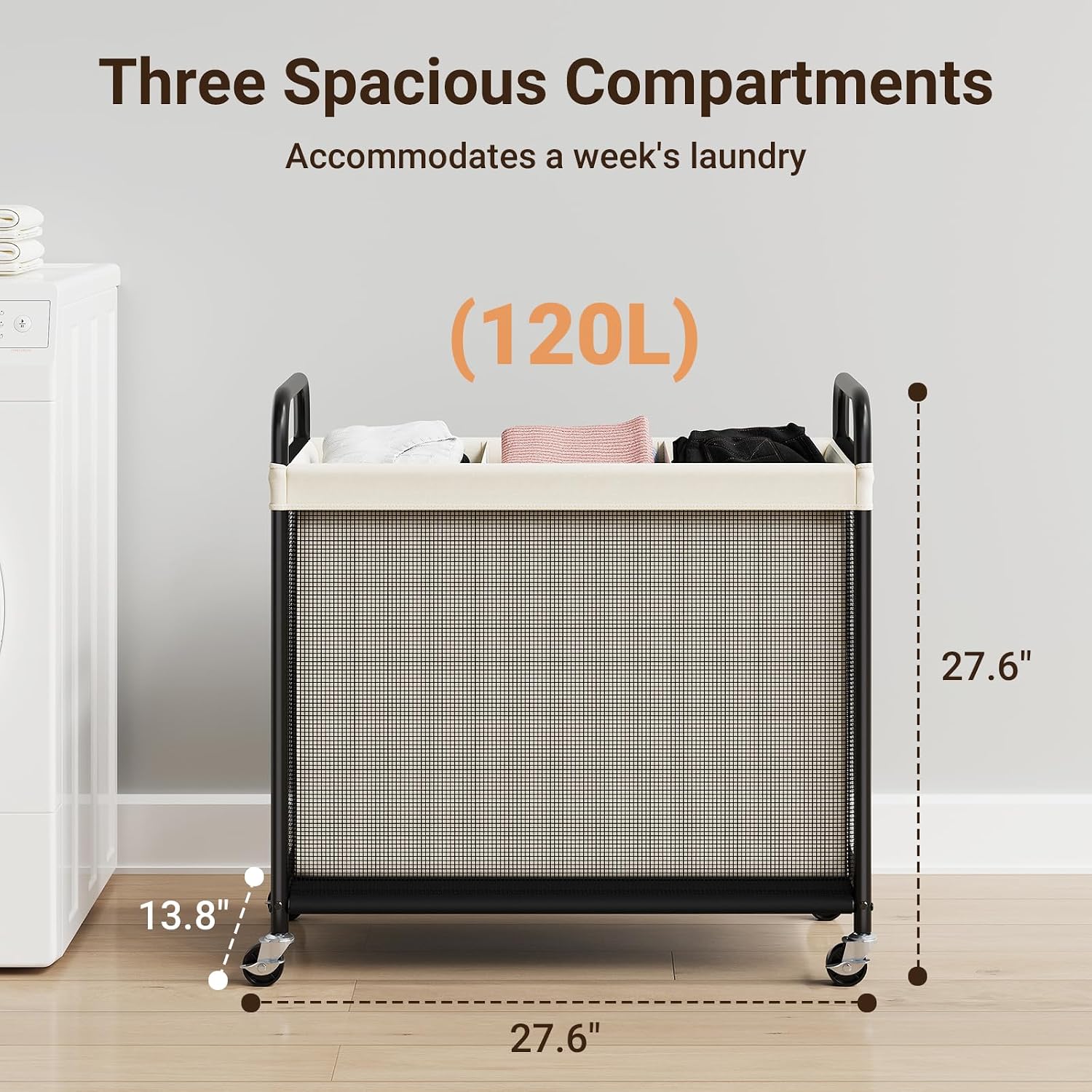 Laundry Hamper 3 Section, 120L Rolling Laundry Sorter with Wheels | Removable Washable Liner Bags, Sturdy Steel Frame