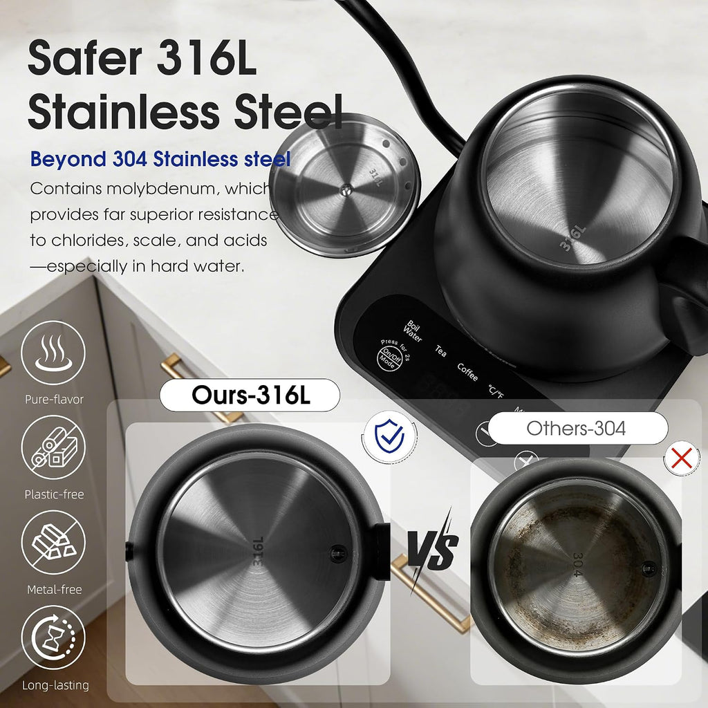 Gooseneck Electric Kettle Temperature Control: 316L Stainless Steel Inner | ±1℉ Precision, Pour Over Kettle for