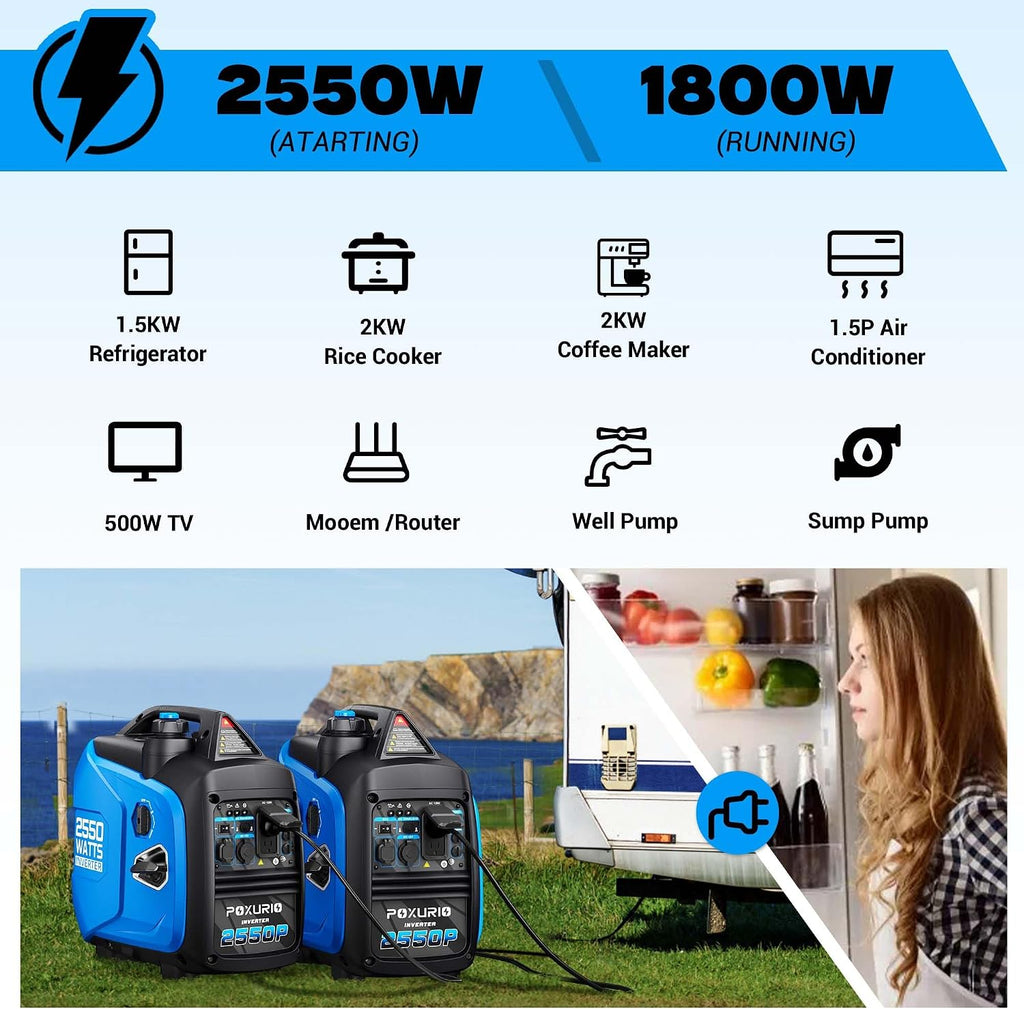 2550-Watt Portable Inverter Generator for Home Use, 1.06Gallon Large Fuel Tank Up to 10 Hours Use, 120V Gas Powered