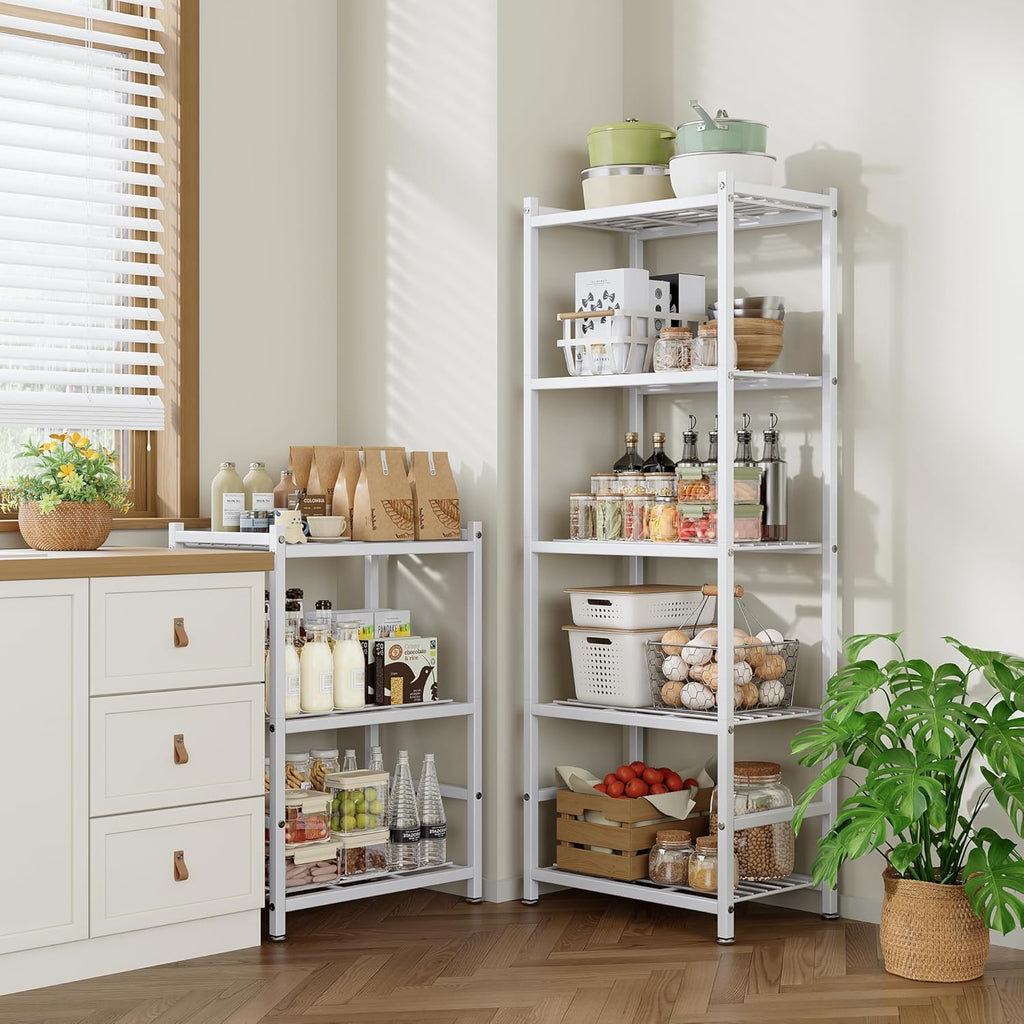 Small Storage Shelves, 5-Tier Metal Shelving Unit with Adjustable Feet, Compact Shelf Organizer for Garage, Kitchen