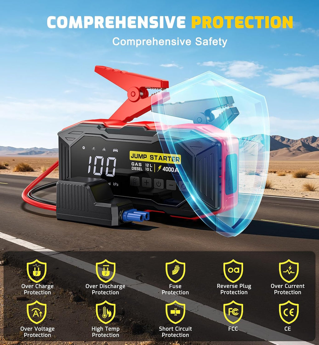 Jump Starter with Air Compressor 4000A Portable Car Battery Jump Starter (All Gas/10L Diesel), 160PSI Auto-Shutoff