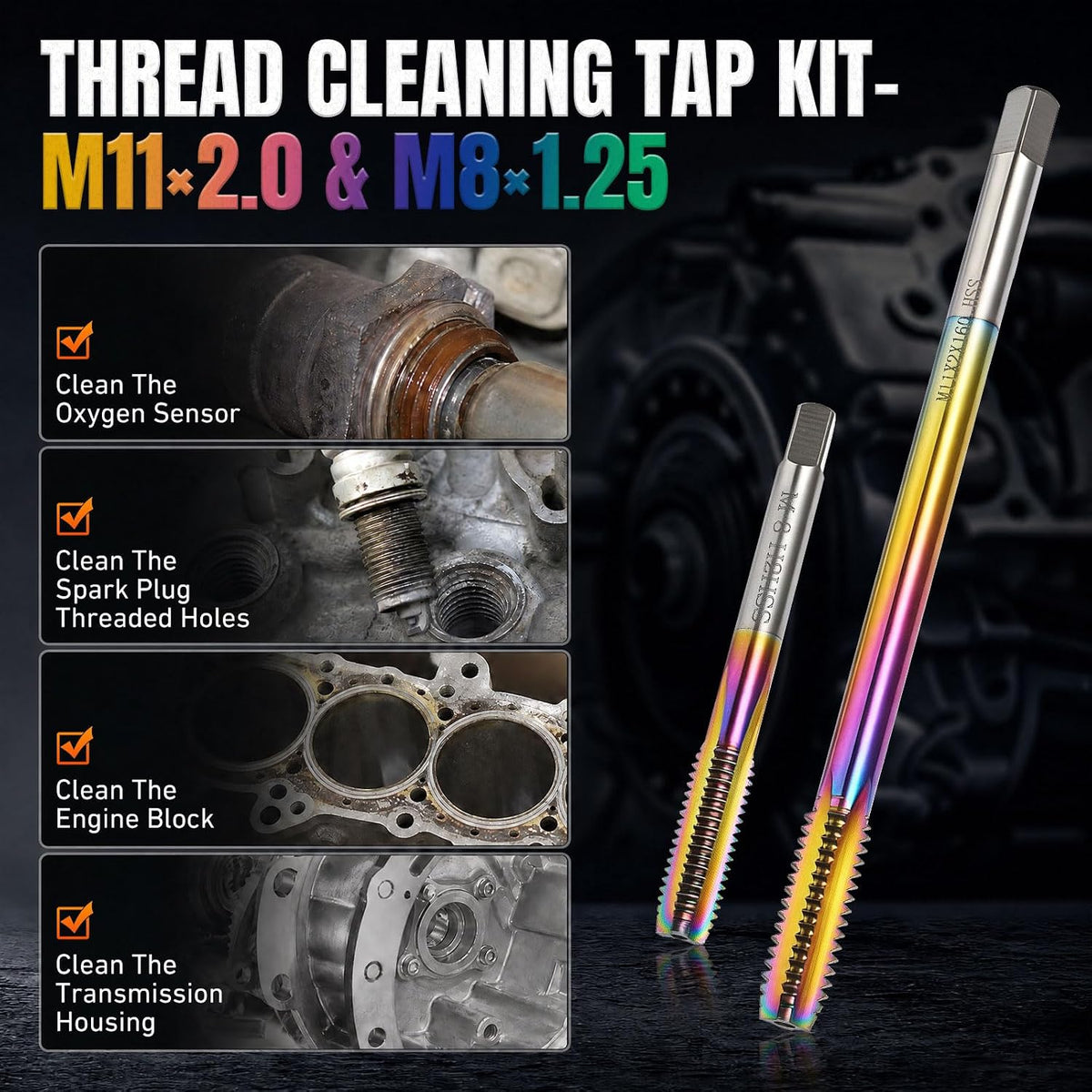 Thread Cleaning Tap Kit,M11×2.0&M8×1.25,O2 Sensor&Spark Plug Thread Chaser
