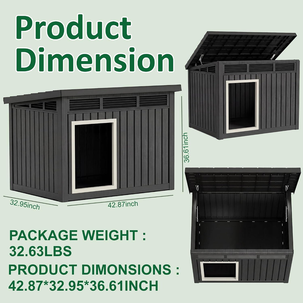 43'' Large Outdoor Duck House with Hydraulic Air Rod, Resin Duck Coop with Elevated Floor and Air Vents, Backyard
