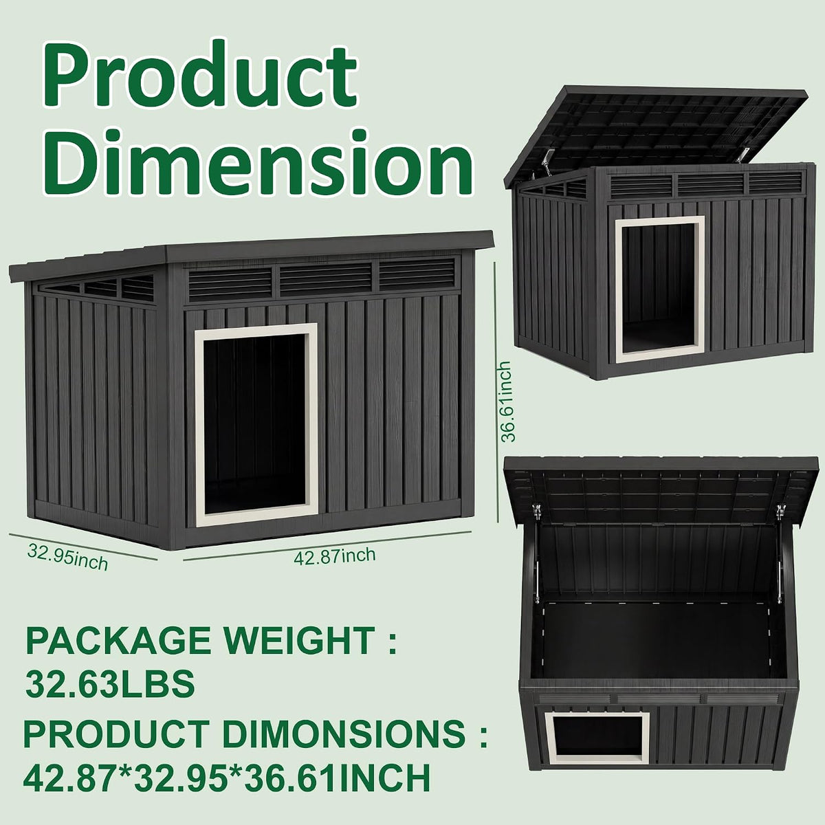 43'' Large Outdoor Duck House with Hydraulic Air Rod, Resin Duck Coop with Elevated Floor and Air Vents, Backyard