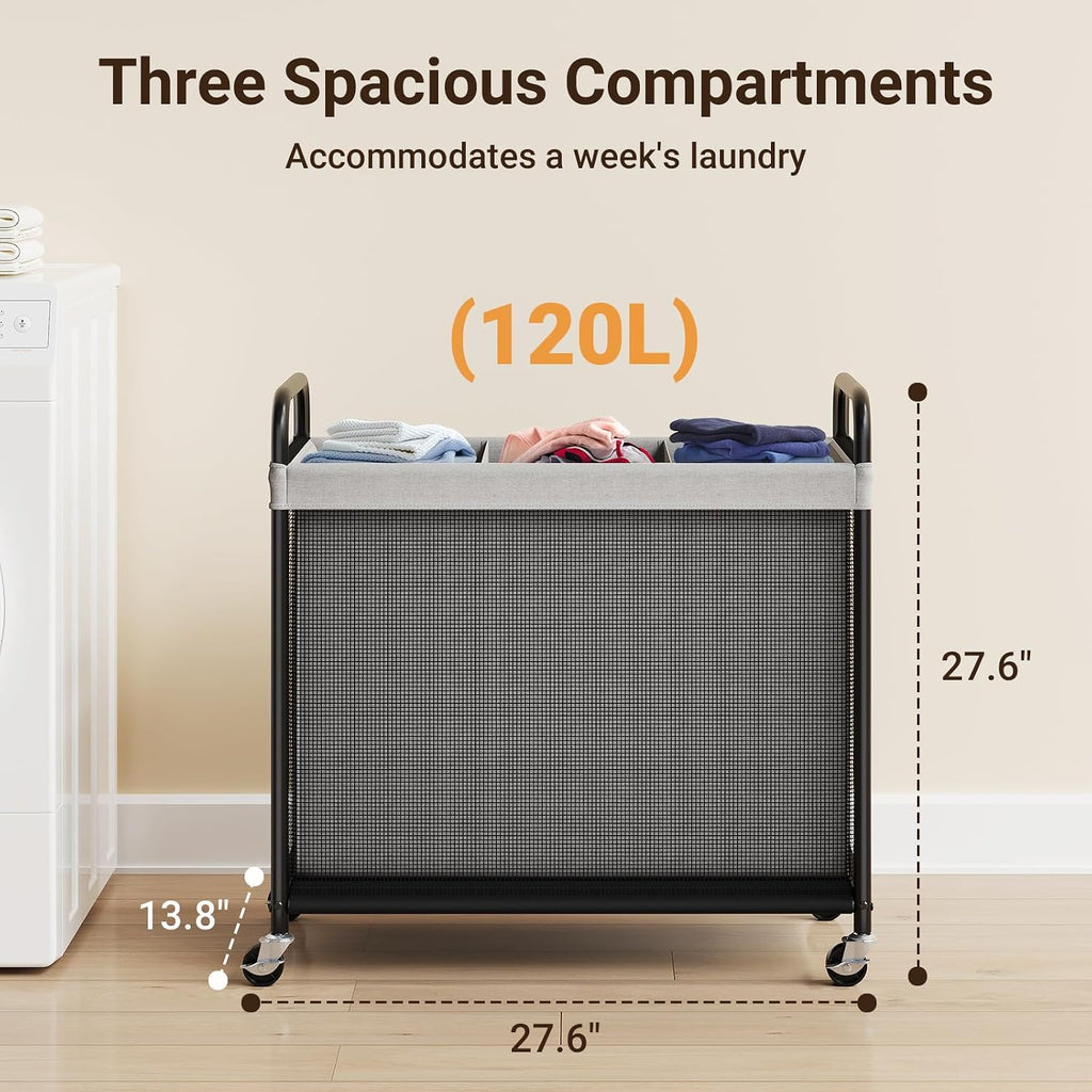 Laundry Hamper 3 Section, 120L Rolling Laundry Sorter with Wheels | Removable Washable Liner Bags, Sturdy Steel Frame
