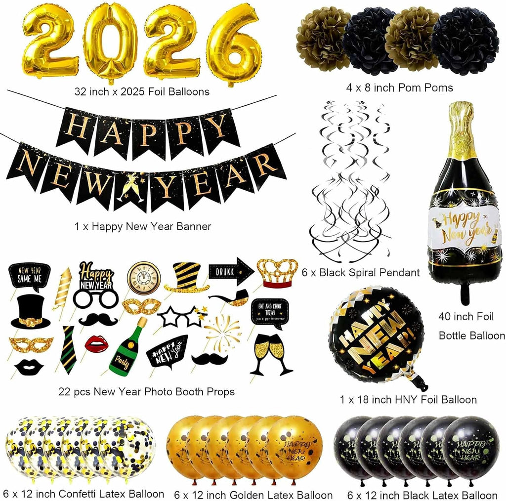 Happy New Year Party Decoration 2026 - New Years Eve Party Supplies 2026 Foil Balloon, Happy New Year Banner, New