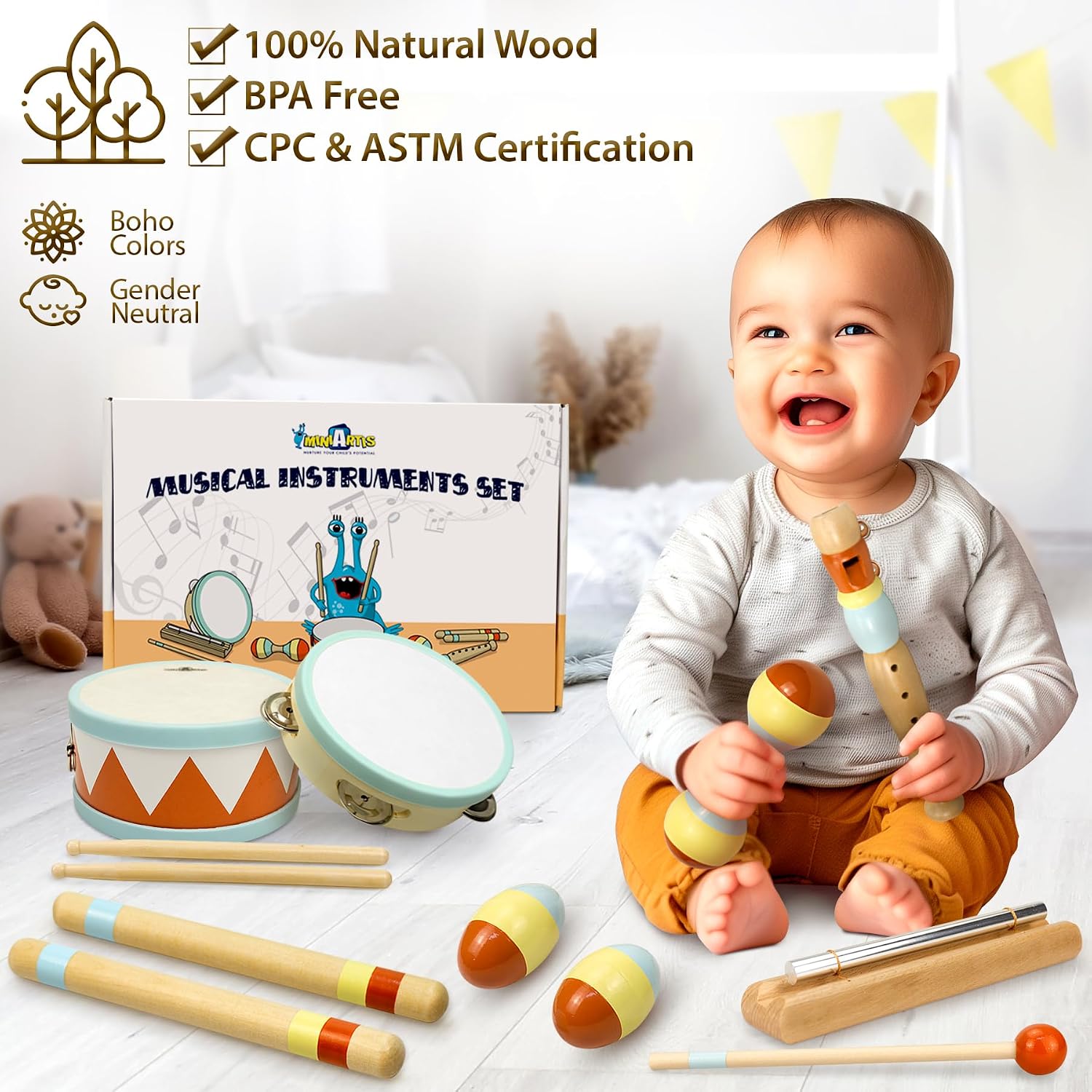 Toddler Musical Instruments - Montessori Wooden Musical Toys for Toddlers 1-3 | Modern Boho Baby Drum Set with