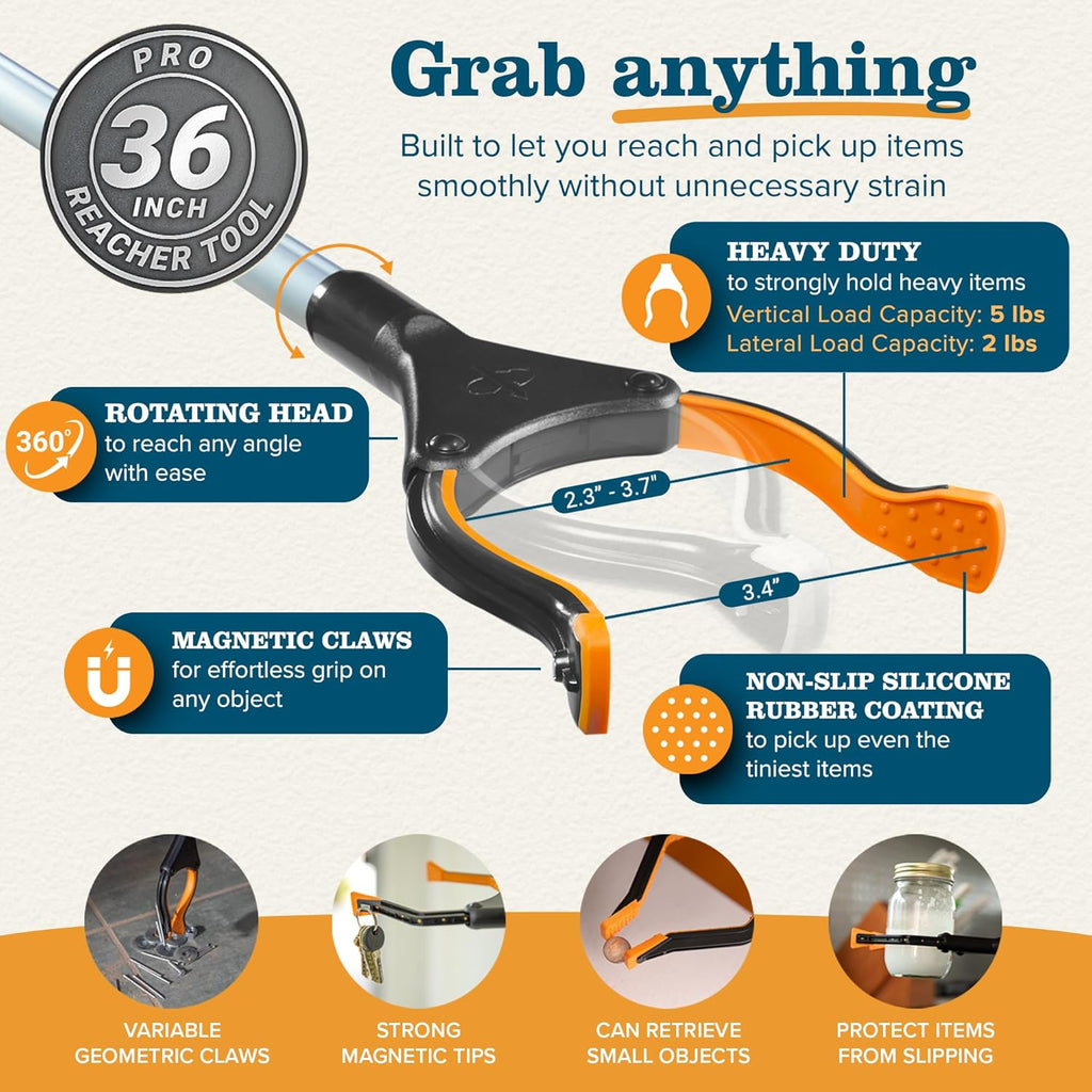 Pro 36" Flexible Folding Grabber Tool for Elderly + Magnets, Reacher for Disabled & Seniors Heavy Duty Rotating