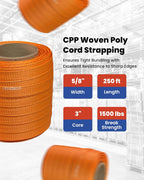 CPP 5/8" x 250' Woven Polyester Strapping Cord - 1500 lbs Break Strength, Heavy Duty Strapping - Water, UV, Corrosion