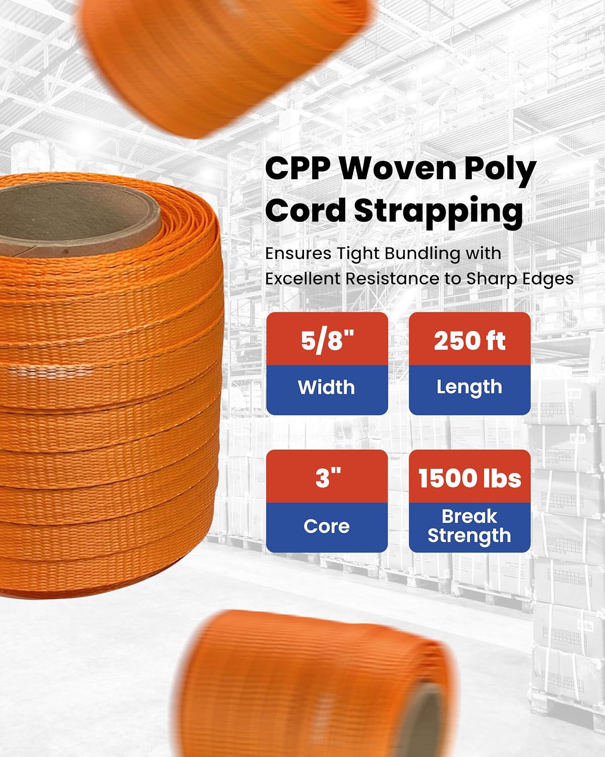 CPP 5/8" x 250' Woven Polyester Strapping Cord - 1500 lbs Break Strength, Heavy Duty Strapping - Water, UV, Corrosion