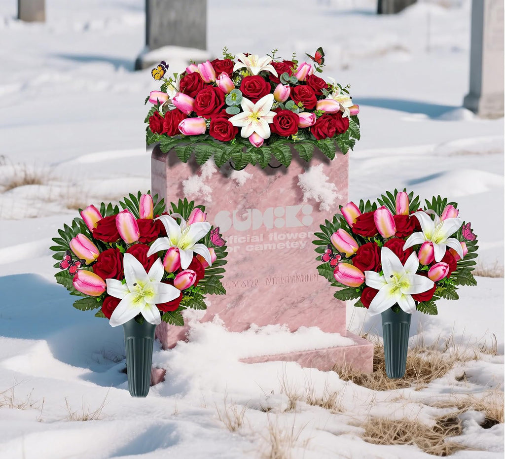 Artificial Cemetery Flowers – Realistic Silk Flower Outdoor Grave Decorations,Headstone Flower Saddle, Non-Bleed