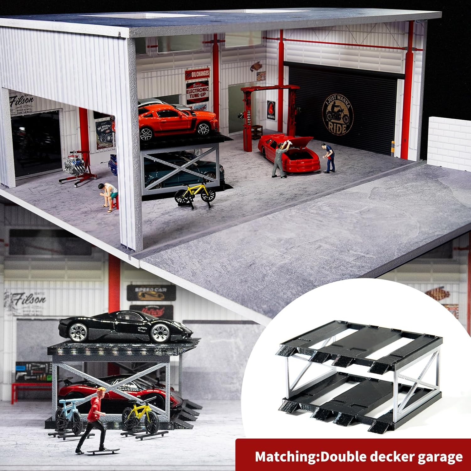 1/64 Scale Model Car Display Case Garage with LED Lights，Diorama Car Garage Parking Lot Compatible with Hot Wheels