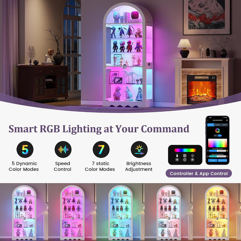 6-Tier Arched Glass Display Cabinet with RGB Lights & Lock | Curio Display Case, Glass Doors, Adjustable Large