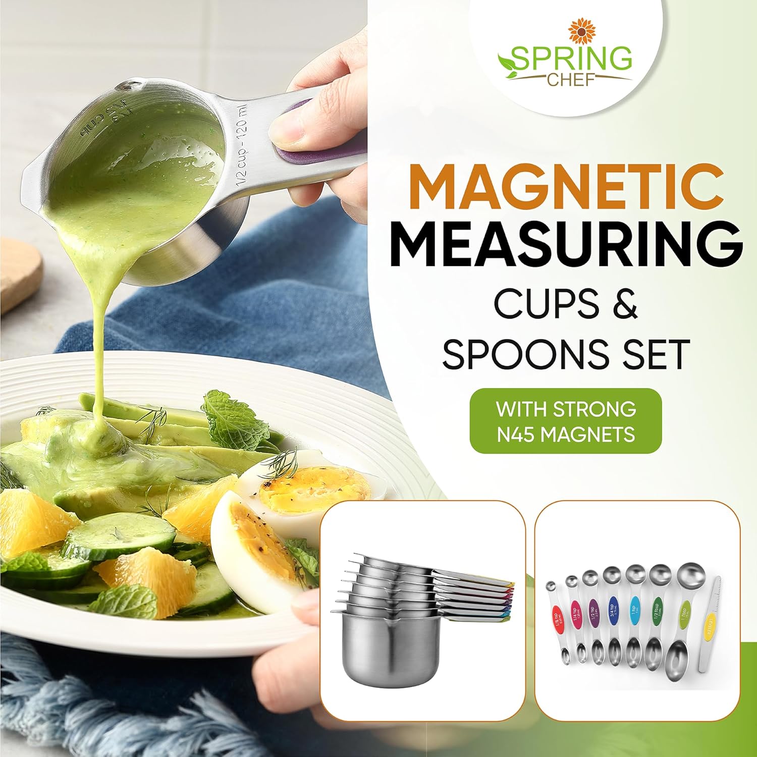 Magnetic Measuring Cups & Spoons Set, Patented, Strong N45 Magnets, Heavy Duty Stainless Steel Fits in Spice Jars for