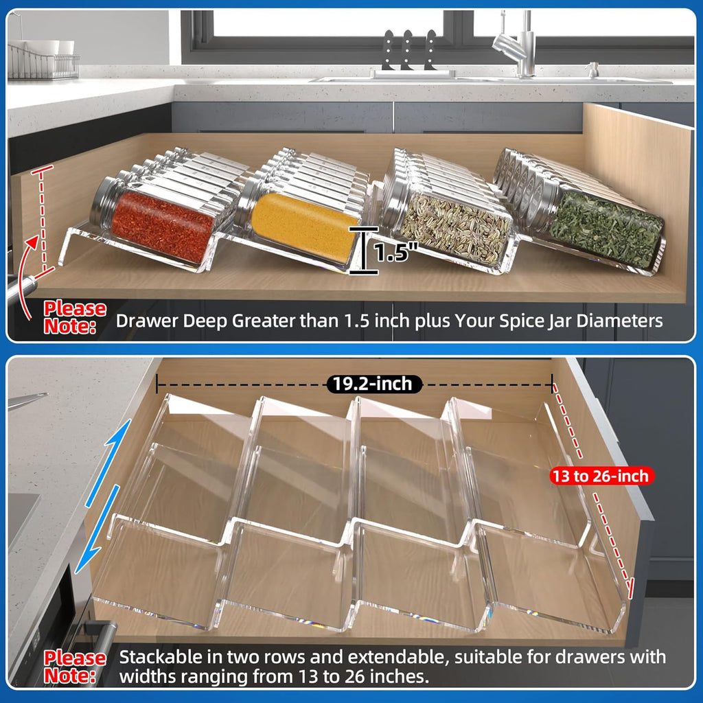 Clear Acrylic Spice Drawer Organizer, 4 Tier- 2 Set Expandable From 13" to 26" Drawer Seasoning Organizer, Kitchen
