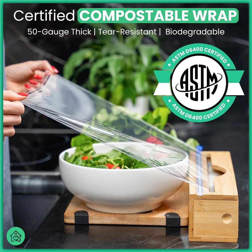 Compostable Plastic Wrap for Food, Bamboo Dispenser with Cutter, 400 Sq Ft