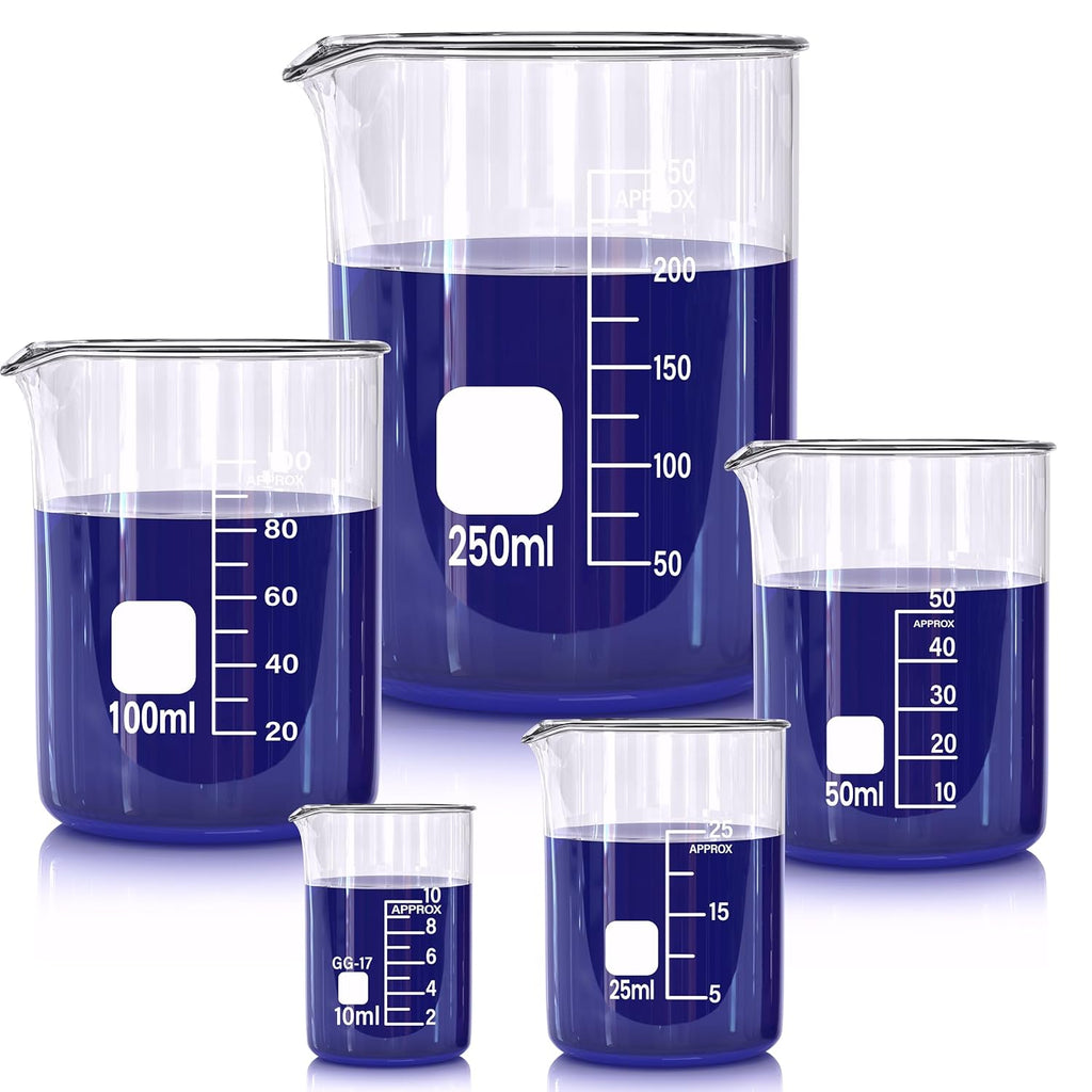 Glass Beakers Set, 5 Sizes - 10ml, 25ml, 50ml, 100ml, 250ml, 3.3 Borosilicate Beaker for Laboratories, Classrooms or