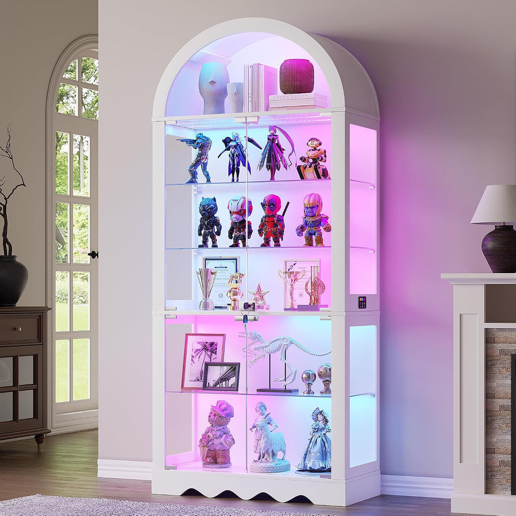 6-Tier Arched Glass Display Cabinet with RGB Lights & Lock | Curio Display Case, Glass Doors, Adjustable Large