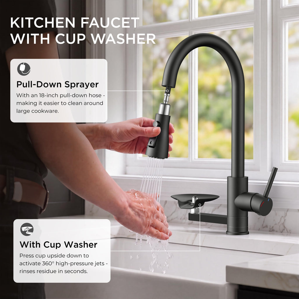 Black Kitchen Faucet with Cup Washer, Pull Down Sprayer, High Arc