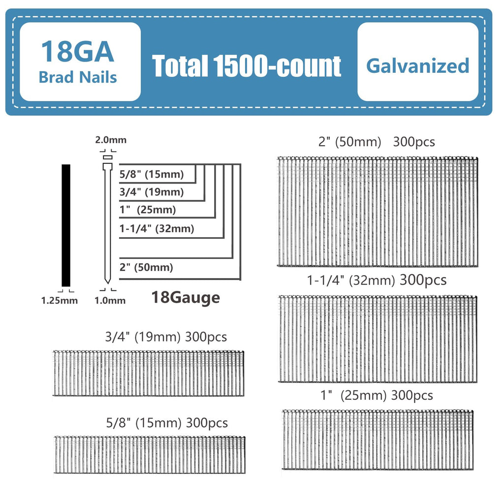 18 Gauge Galvanized Brad Nails T-head 5 Sizes 1500-Pack