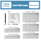 18 Gauge Galvanized Brad Nails T-head 5 Sizes 1500-Pack