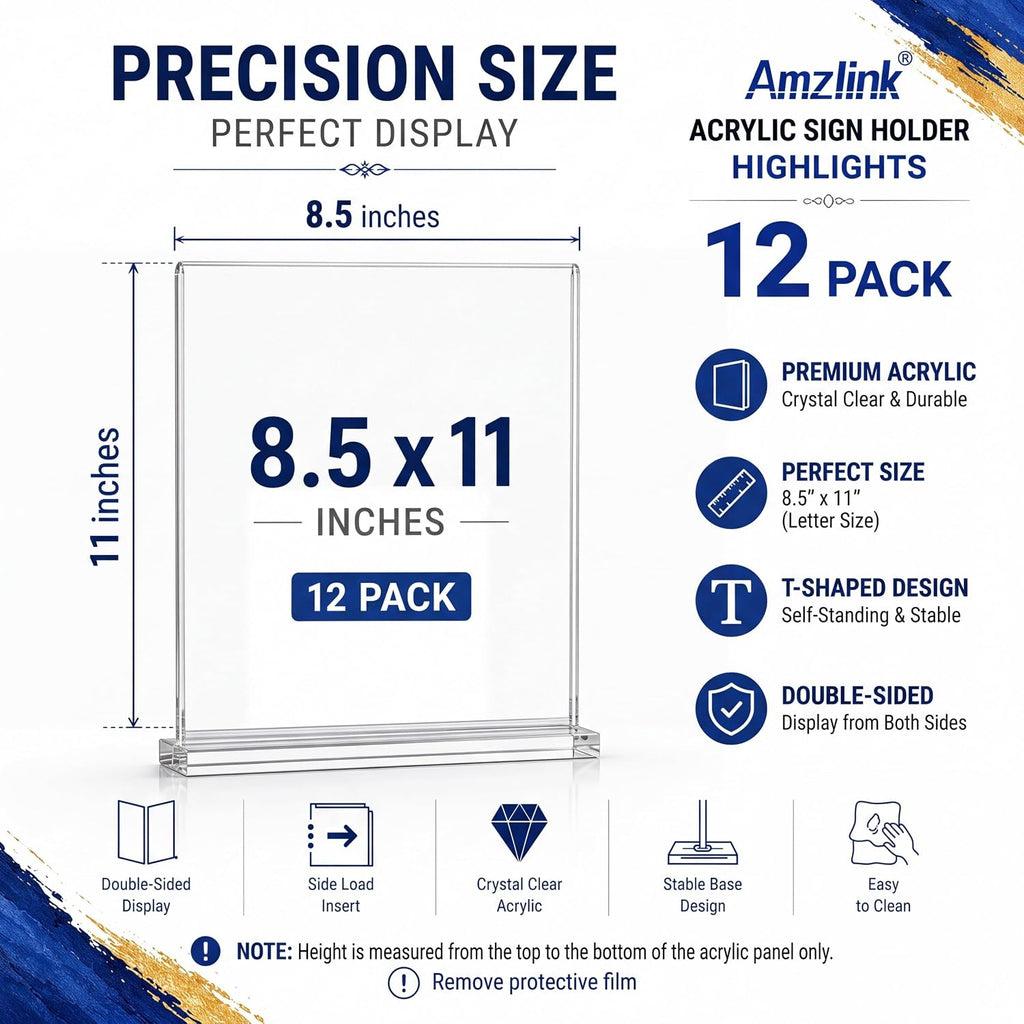 12-Pack Acrylic Sign Holder 8.5x11, Clear Tabletop Display Stand | Double-Sided Plastic Tabletop Display Stand for