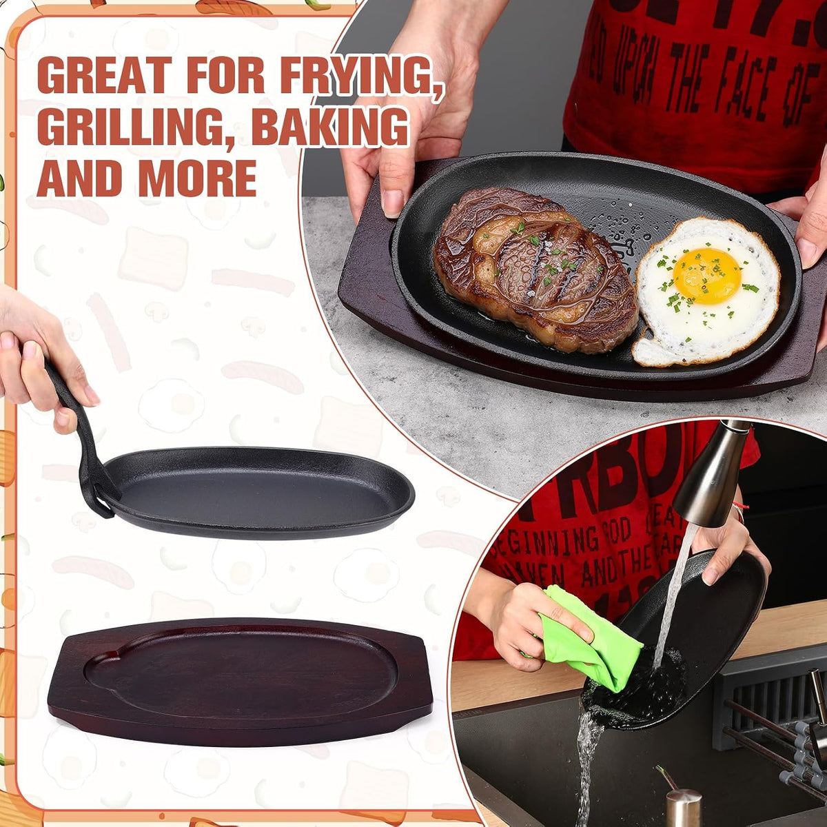 8 Pieces Cast Iron Fajita Skillet Pan Set Sizzling Steak Plate