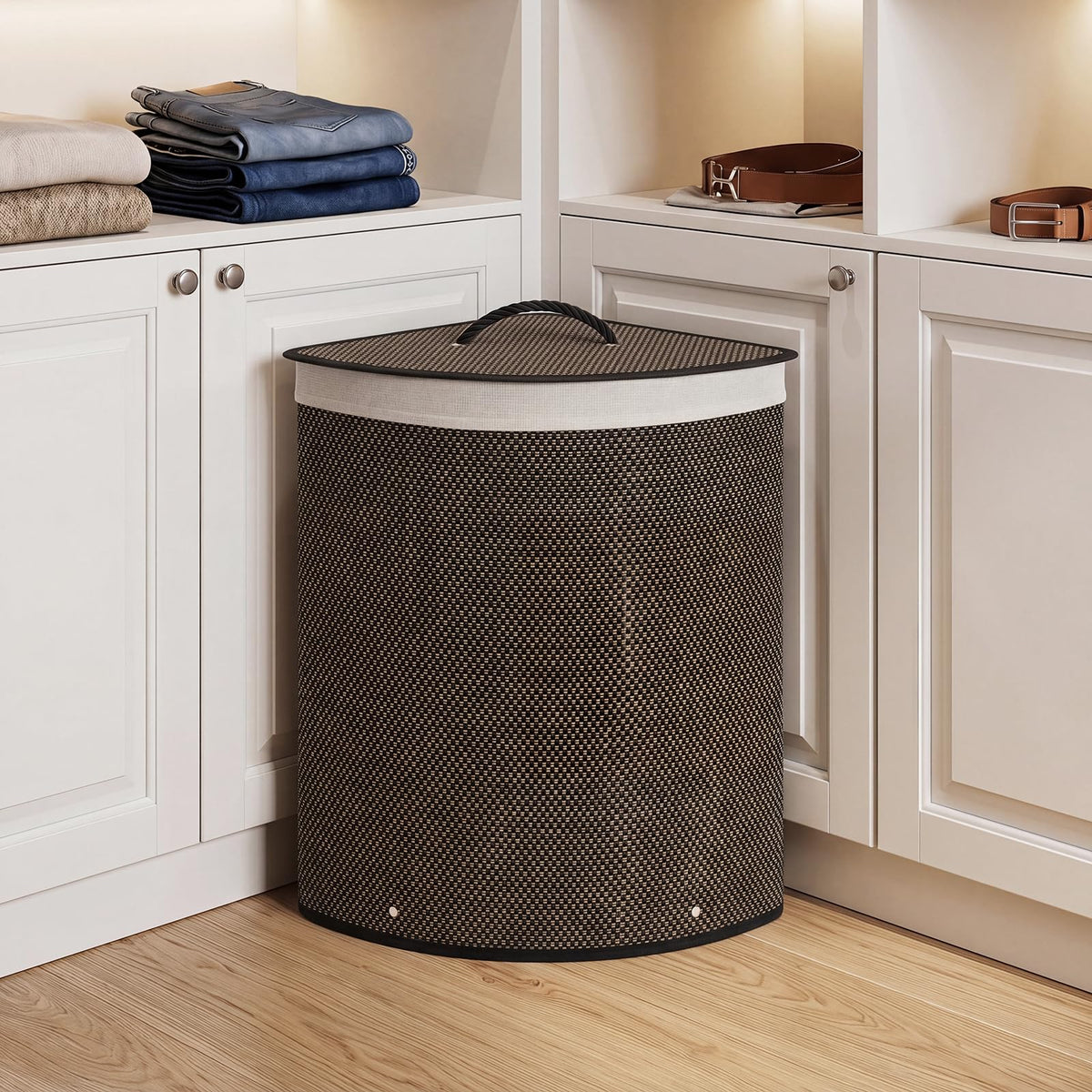 15 Gal Corner Laundry Hamper w/Lid, Removable Liner, Handle Taupe