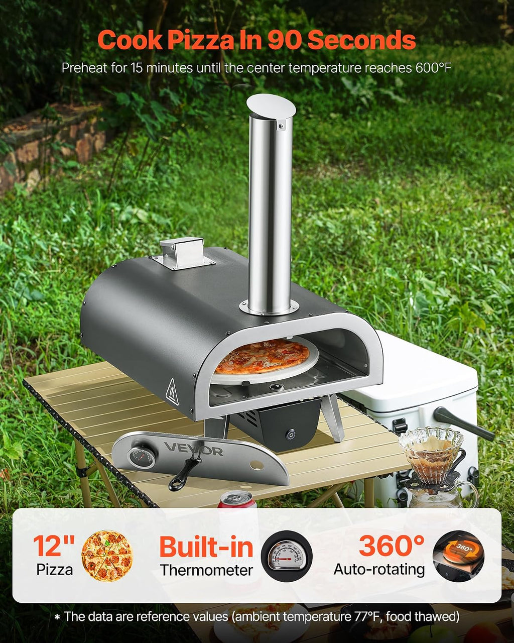Wood-Fired Pizza Oven Outdoor, 12" Auto Rotate Pizza Ovens, Portable Pellet Pizza Maker with Thermometer & Electric