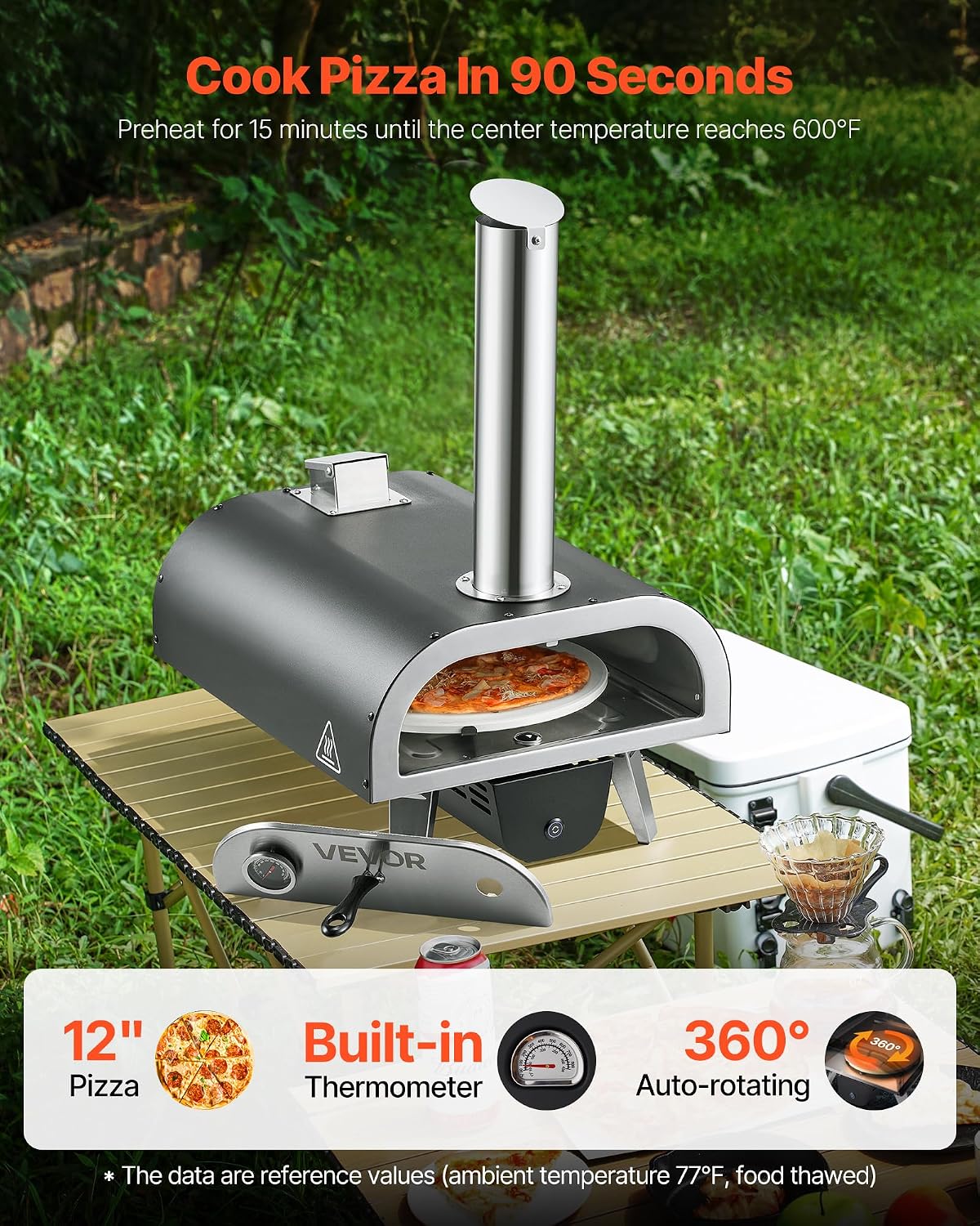 Wood-Fired Pizza Oven Outdoor, 12" Auto Rotate Pizza Ovens, Portable Pellet Pizza Maker with Thermometer & Electric