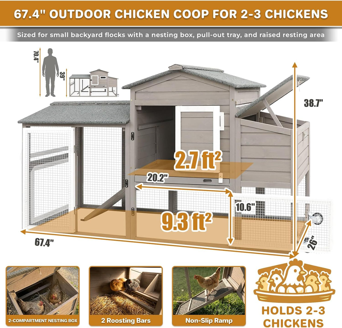 67.4" Mobile Chicken Coop with Wheels & Run for 2-3 Chickens