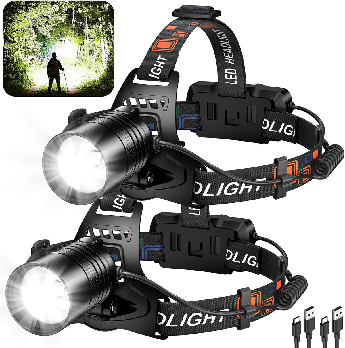 Rechargeable Led Headlamp 2Pack, 99000 Lumen Super Bright Head Lamp with 3 Modes & 90° Adjustable, Brightest Headlamp