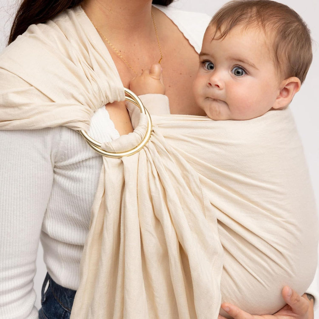 Ring Sling Baby Carrier - 0-36 Months (up to 35 lbs) - Standard (74") Sparrow & Rose Gold Ring - Front, Hip or Back