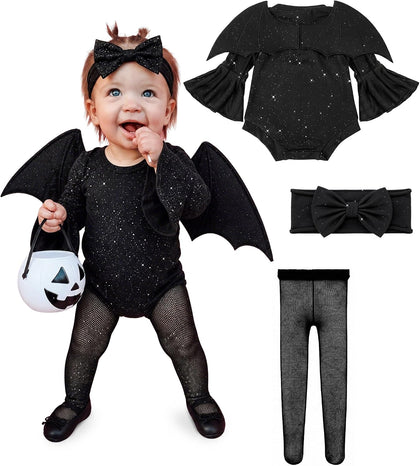 Halloween Baby Bat Costume for Toddler Girl Kids Halloween Party Outfit | Sparkling Romper with Bat wings, Bow