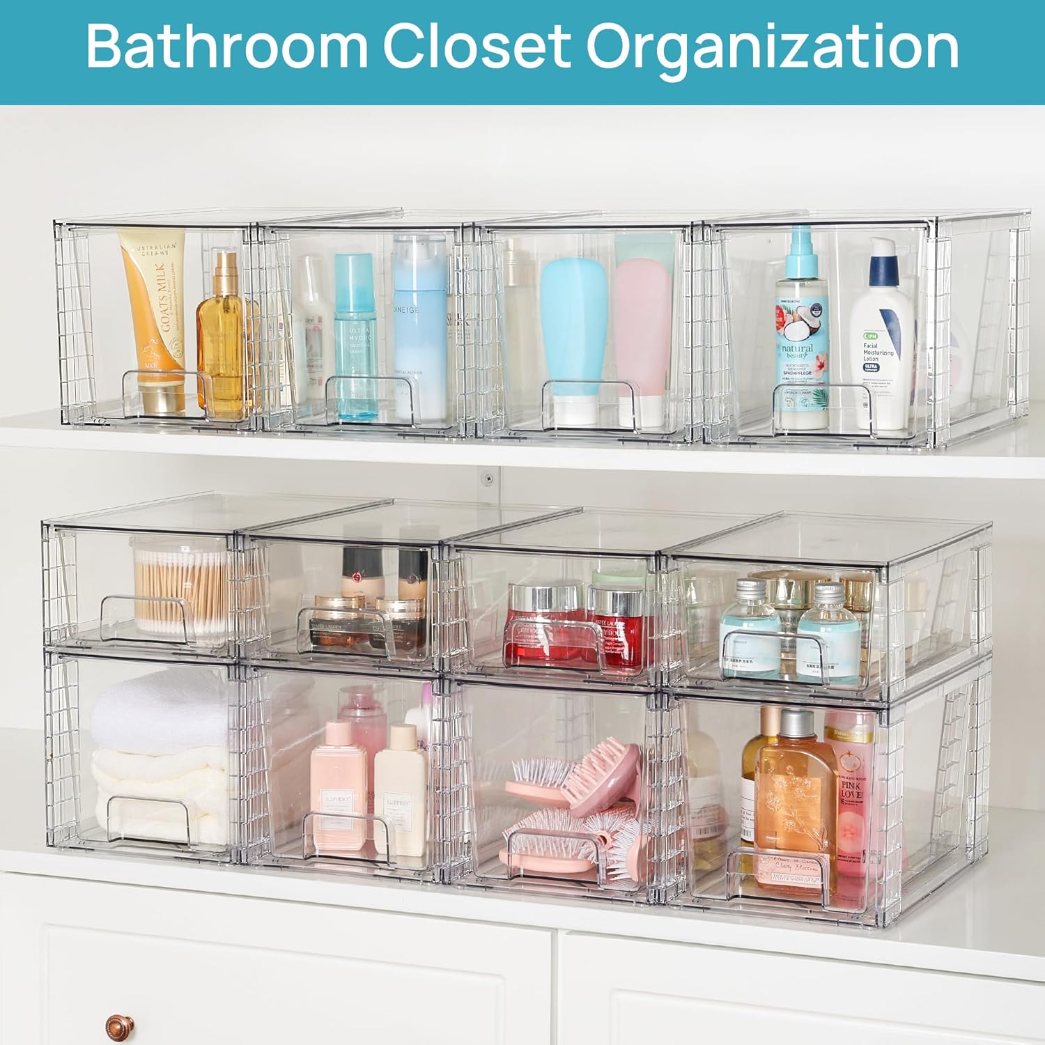 4 Pack Large Stackable Storage Drawers,Easily Assemble Acrylic Bathroom Closet Undersink Organizers and