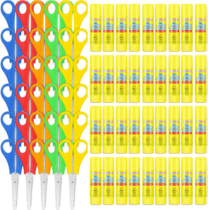 48 Pcs Classroom Supplies Kit, Blunt Tip Safety Scissors and Washable White Glue Sticks, 5 Assorted Colors School
