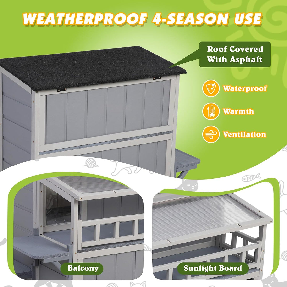2-Story Insulated Outdoor Cat House with Balcony Weatherproof Summer Cool Cat Shelter with 0.2-inch Insulation Layer