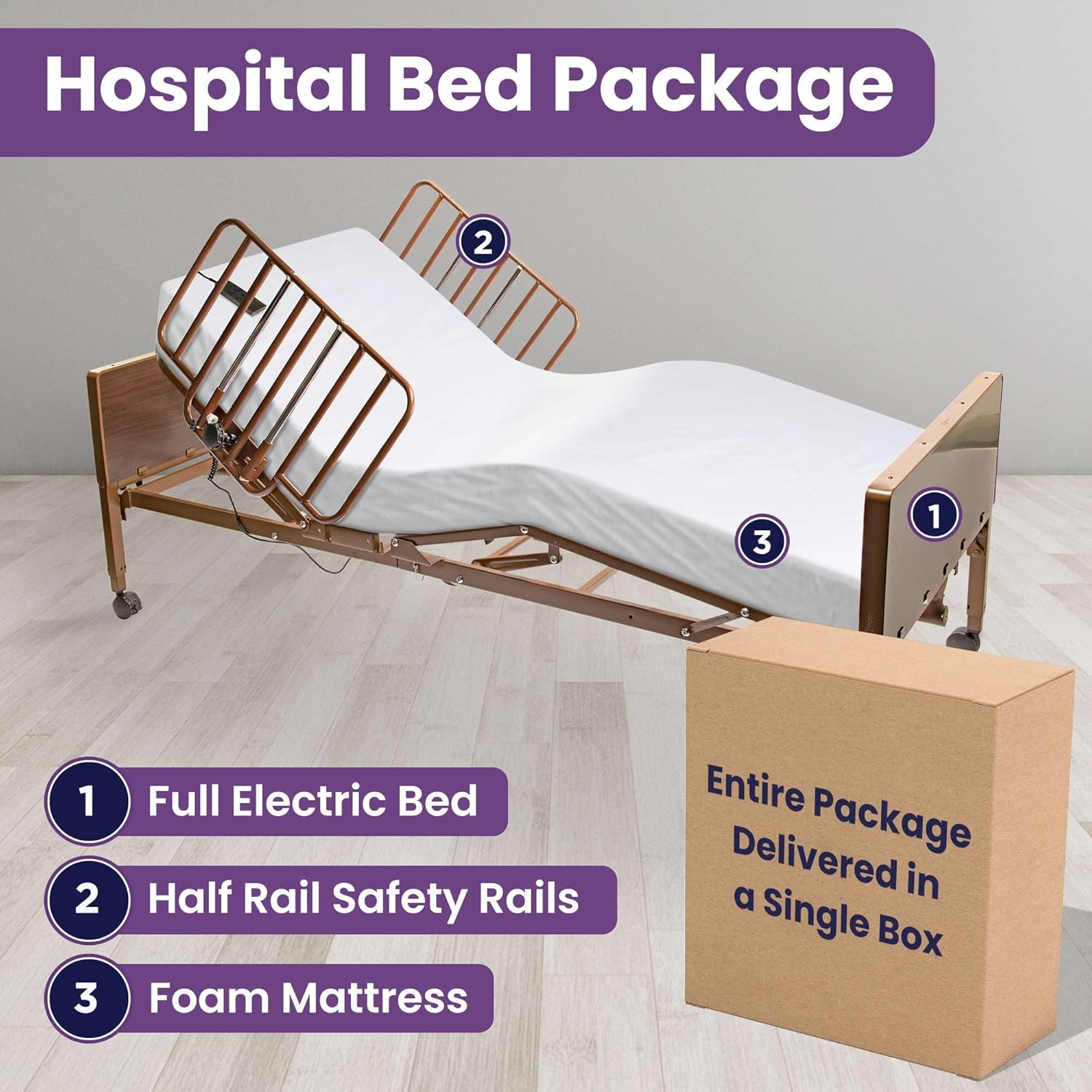 Full Electric Hospital Bed Package for Home Use and Seniors - with Foam Mattress, Half Rails - Multi Function