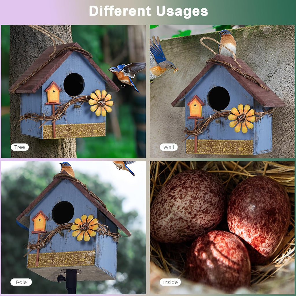 Blue Wooden Hanging Bird House Feeder for Outside Garden Wild Birds