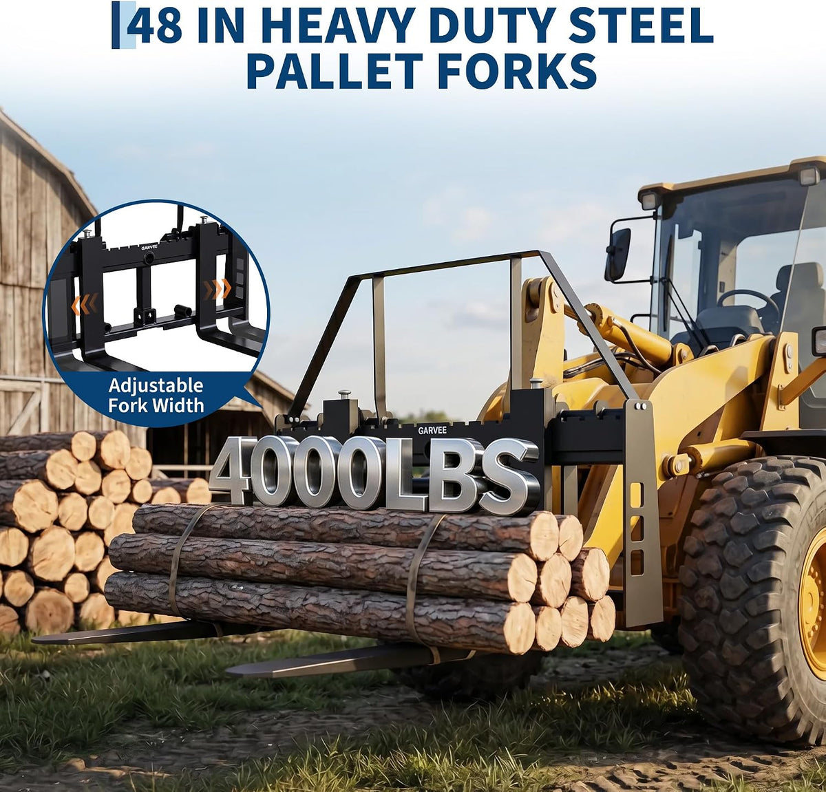 Skid Steer Pallet Fork Frame with 48" Fork Blades for Loaders | 4000Lbs, Pallet Fork Attachment with 2" Hitch