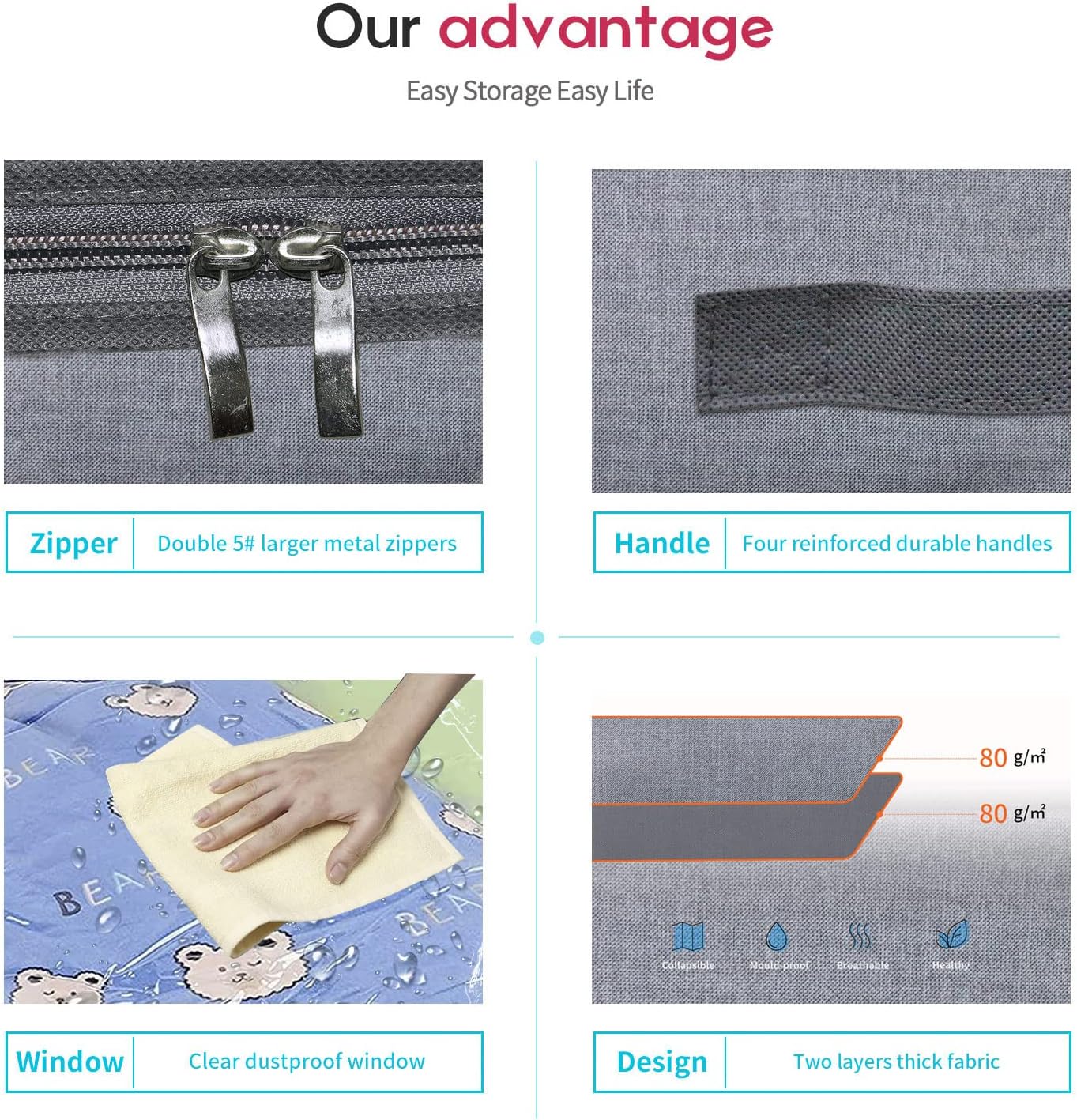 Foldable Underbed Bags 2 Pack - Blankets Clothes Comforters Storage Bag Breathable Zippered Organizer for Bedroom